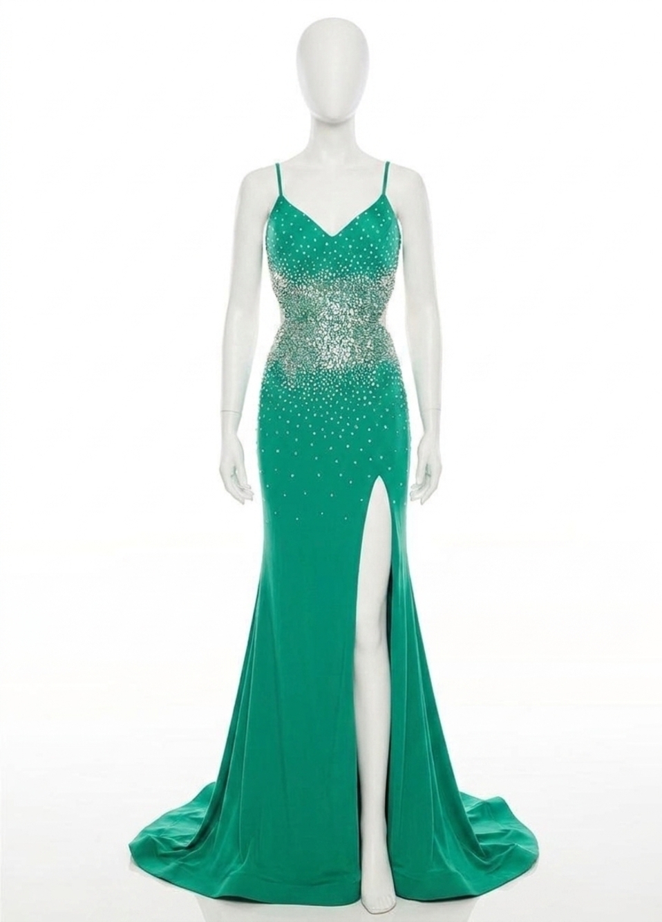 NEW RACHEL ALLAN beaded jersey gown with side cutouts in jade